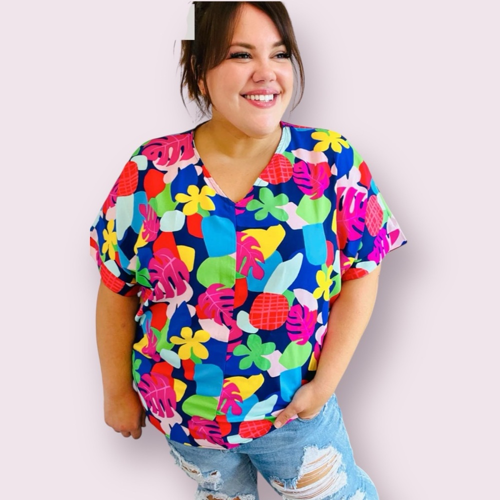 🆕 TIME FOR SUN NAVY MULTICOLOR TROPICAL PRINT V NECK TOP - Picture 2 of 4